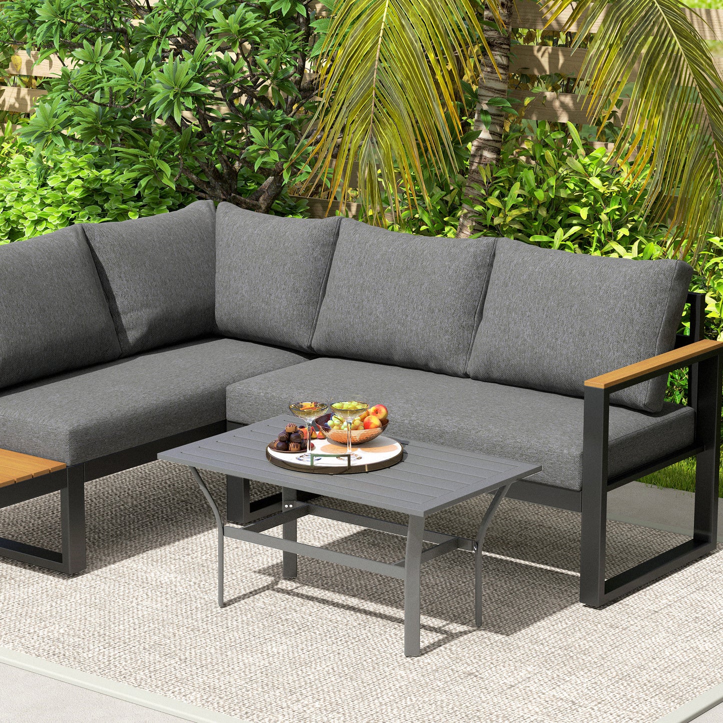 Metal Garden Coffee Table with Slatted Tabletop, Dark Grey