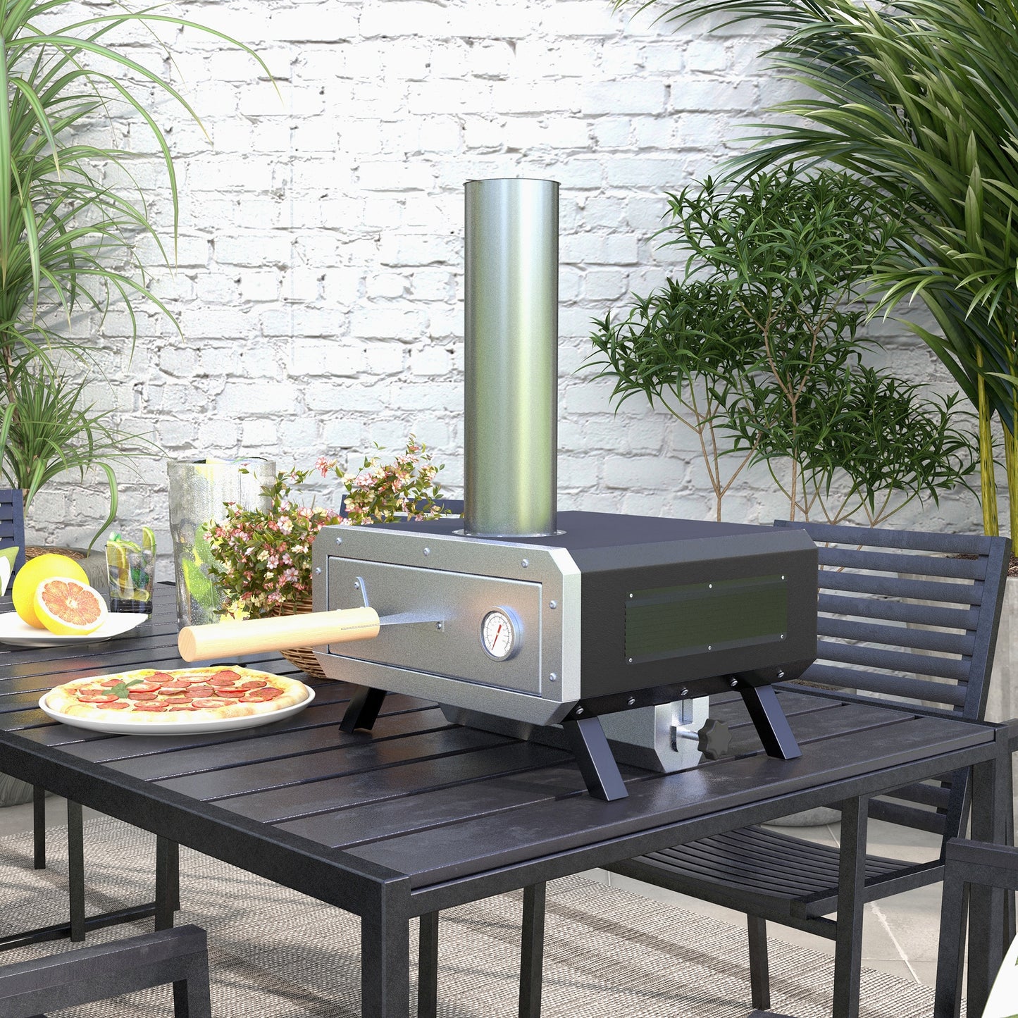 Portable Wood Pellet Pizza Oven with 12" / 30cm Rotating Pizza Stone, Peel and Cover, Wood Fired Pizza Maker with Thermometer