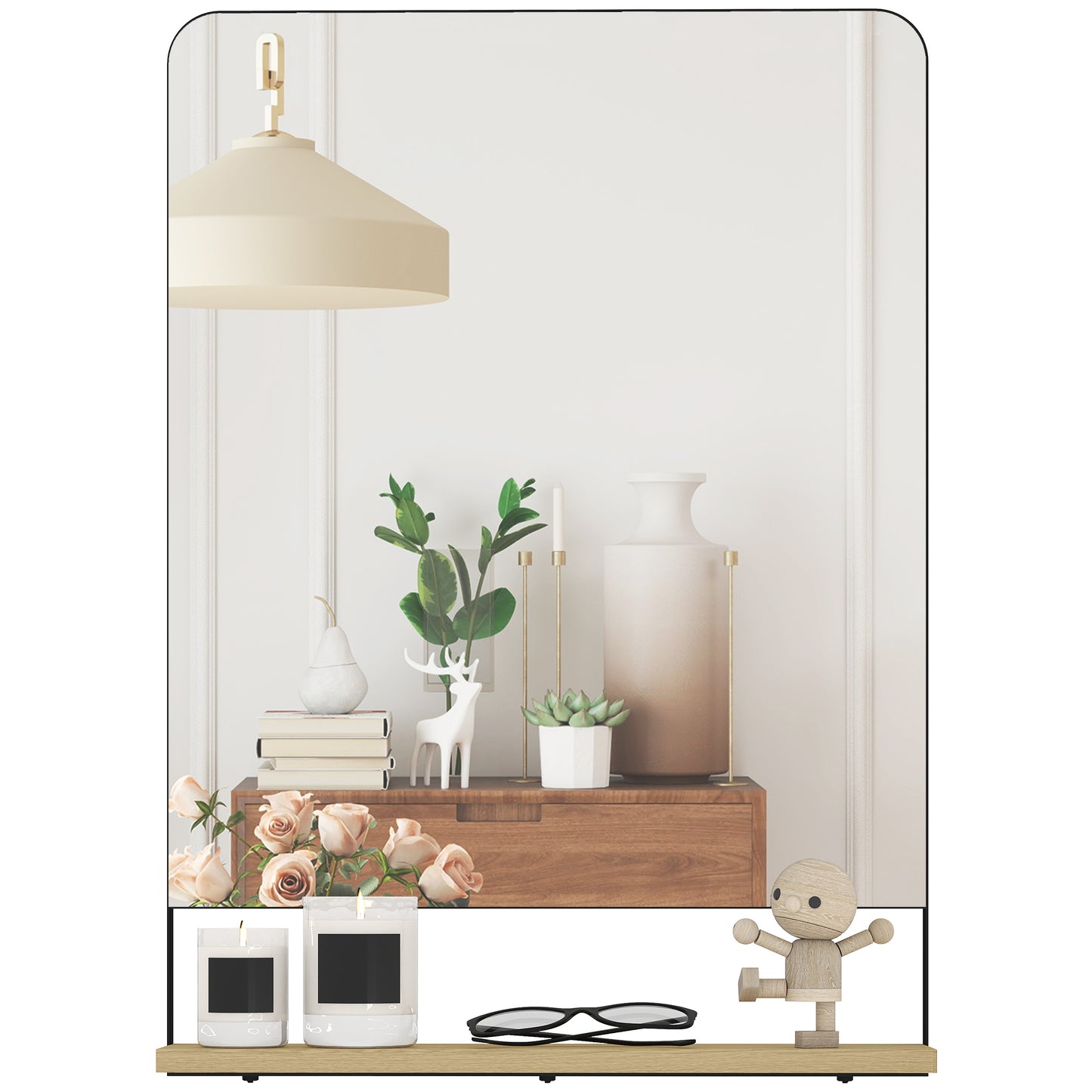 Decorative Mirror with Wood Shelf, Industrial Wall Mirror, Black