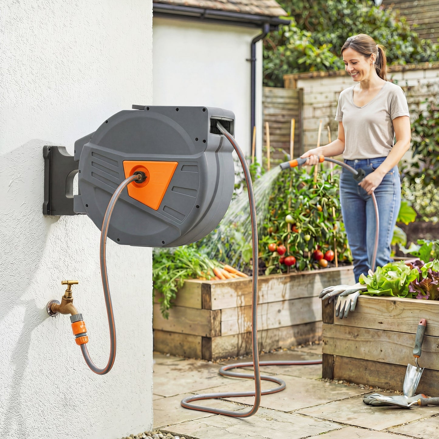 Retractable Hose Reel Wall Mounted, 40+2m Hose Pipe Reel, Orange