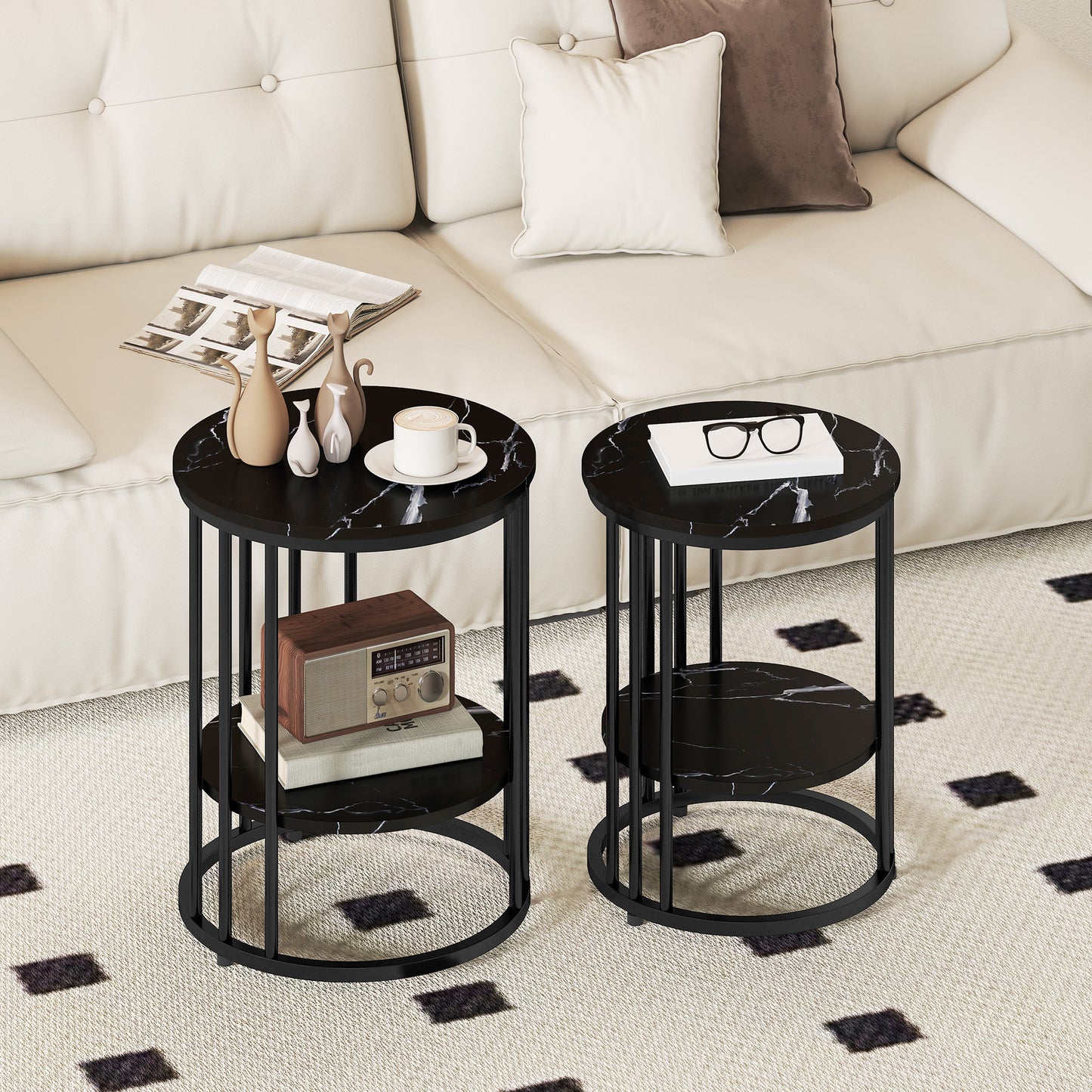 Marble-Effect Round Coffee Table Set of 2 for Living Room, Black