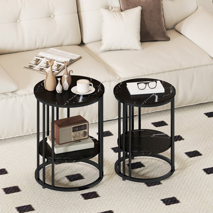 Marble-Effect Round Coffee Table Set of 2 for Living Room, Black