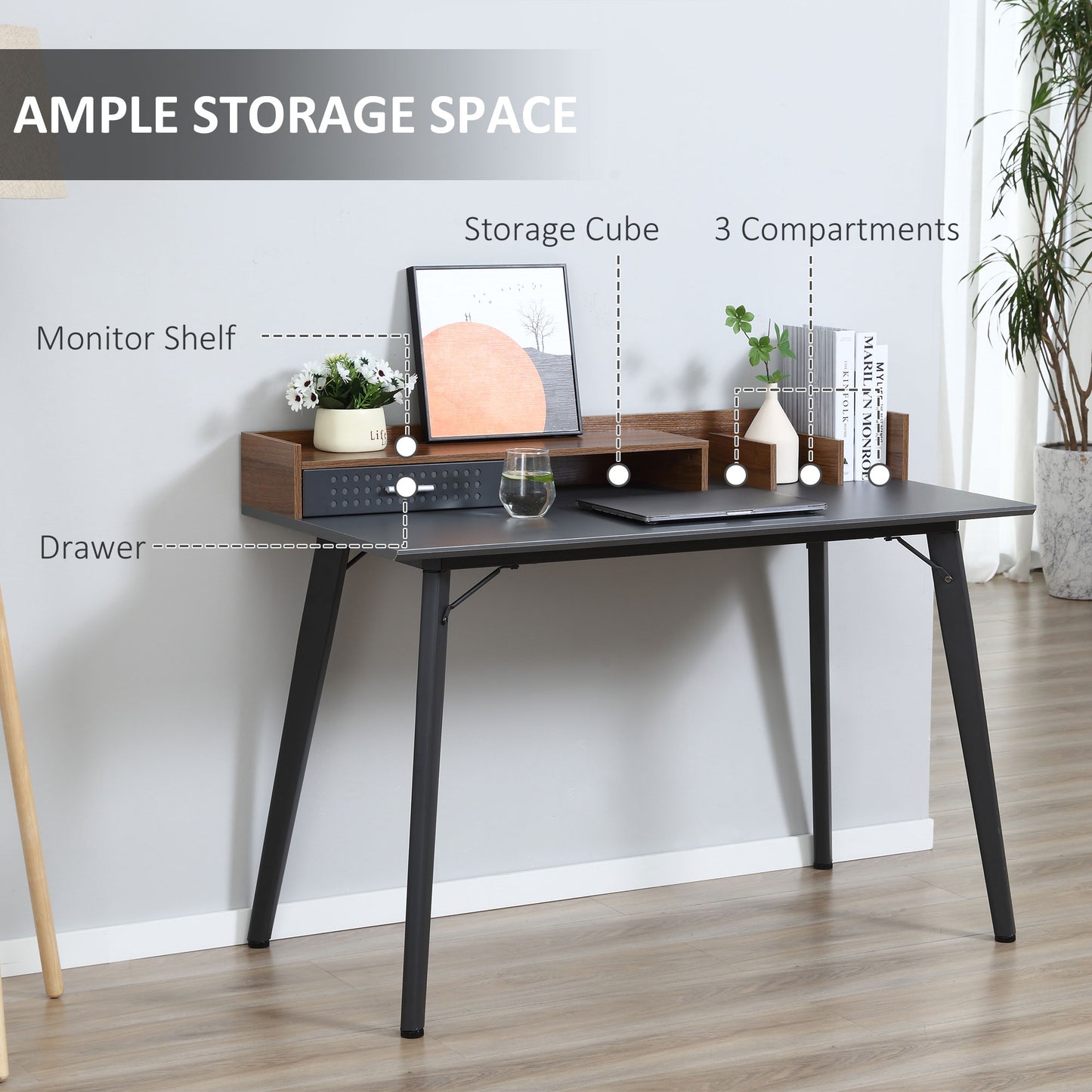 Built-In Storage Desk Workstation Steel w/ Adjustable Feet Drawer Black