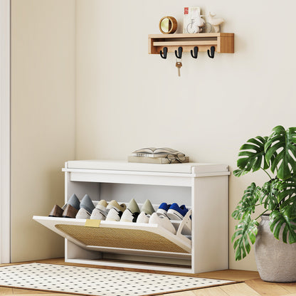 Boho Shoe Bench with Padded Seat and Flip-Drawer, White