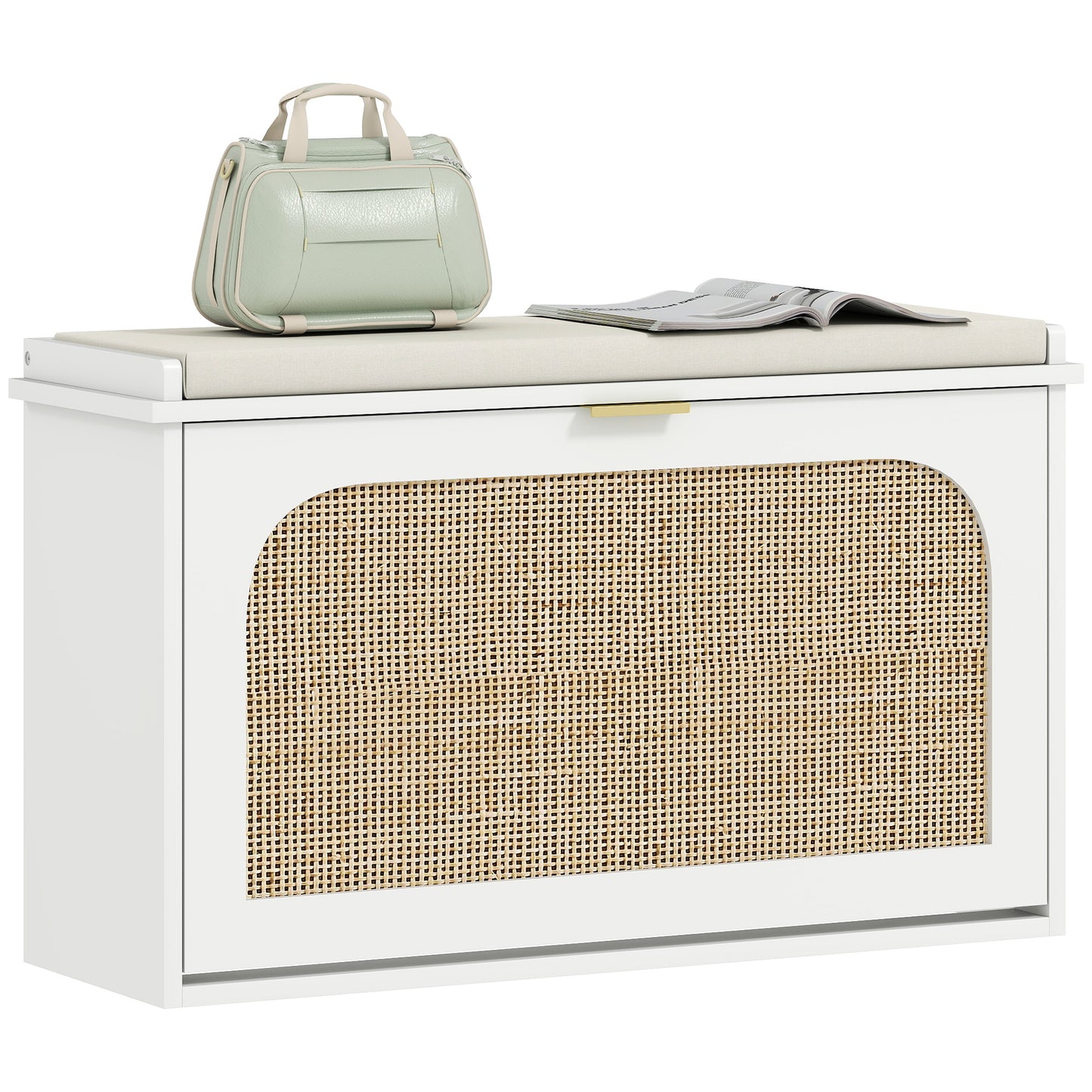 Boho Shoe Bench with Padded Seat and Flip-Drawer, White