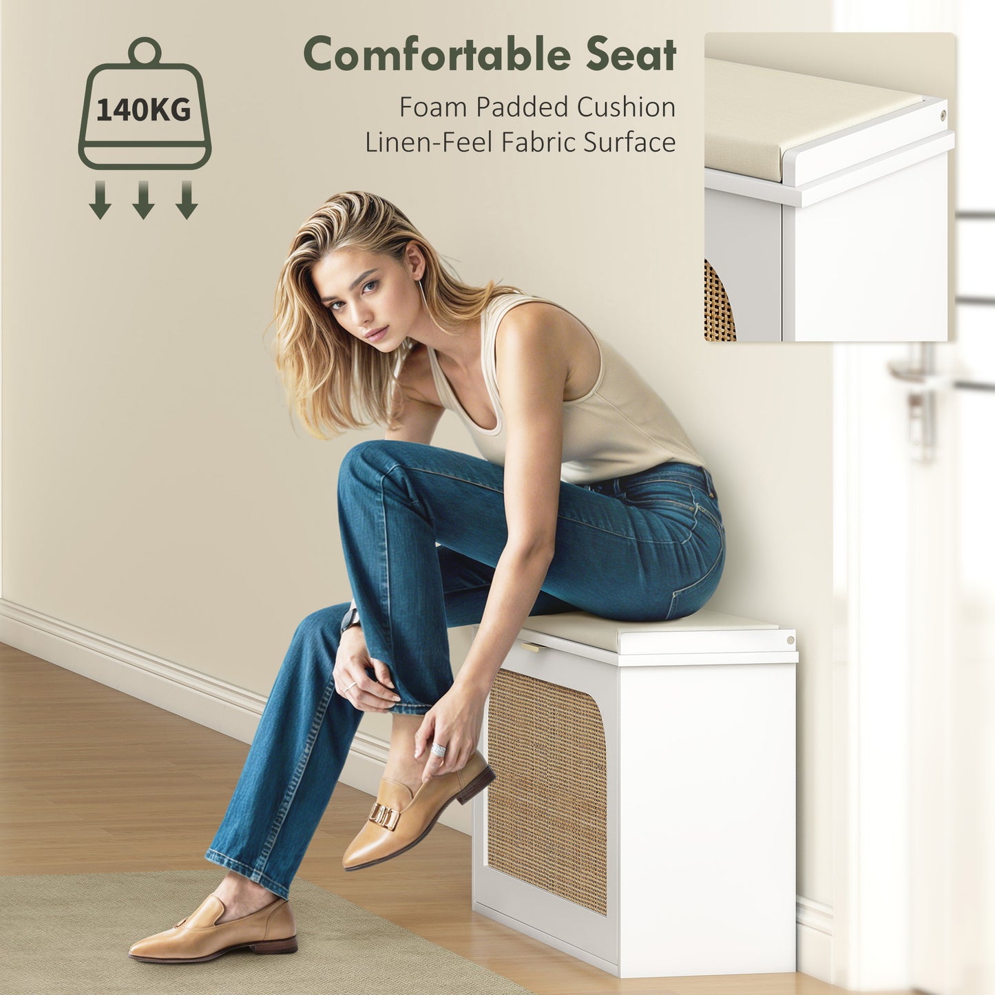 Boho Shoe Bench with Padded Seat and Flip-Drawer, White