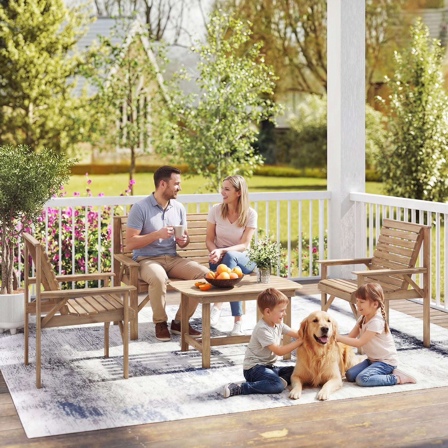 4 Seater Garden Furniture Sofa Set with Curved Seat, Natural Wood