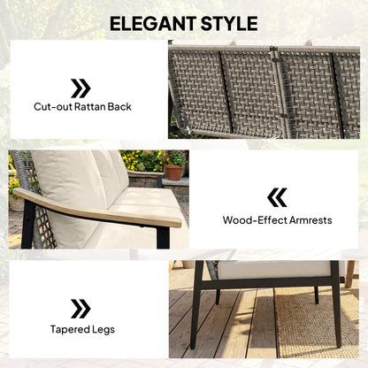 3 Seater Rattan Garden Sofa with Wood-Effect Arms, Cushions, Khaki