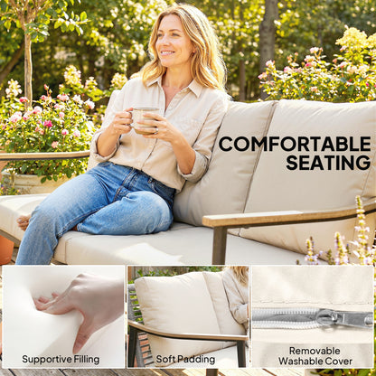 3 Seater Rattan Garden Sofa with Wood-Effect Arms, Cushions, Khaki