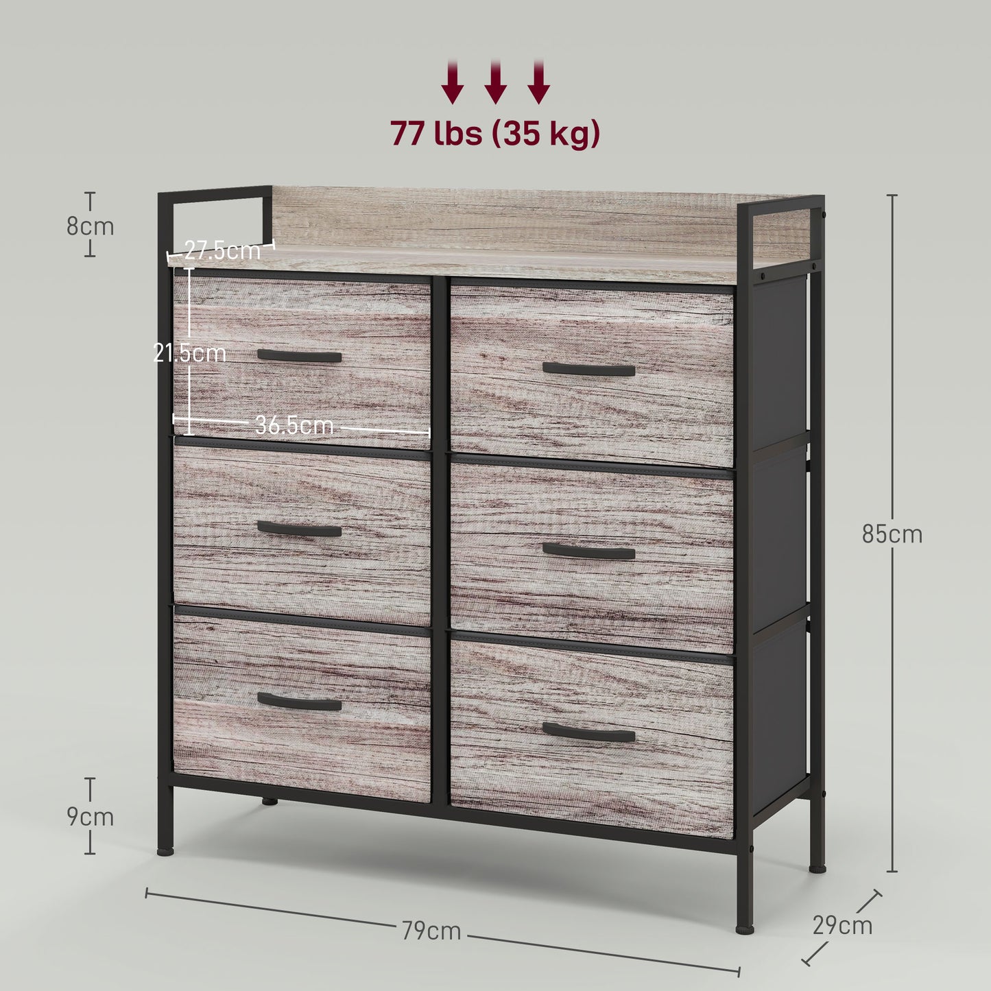 Bedroom Chest of Drawers 6 Drawer Dresser w/ Shelf, Grey Wood Effect