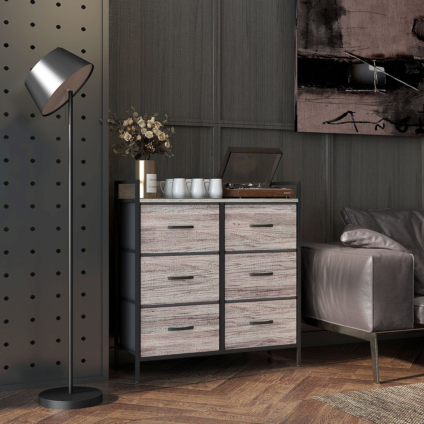 Bedroom Chest of Drawers 6 Drawer Dresser w/ Shelf, Grey Wood Effect