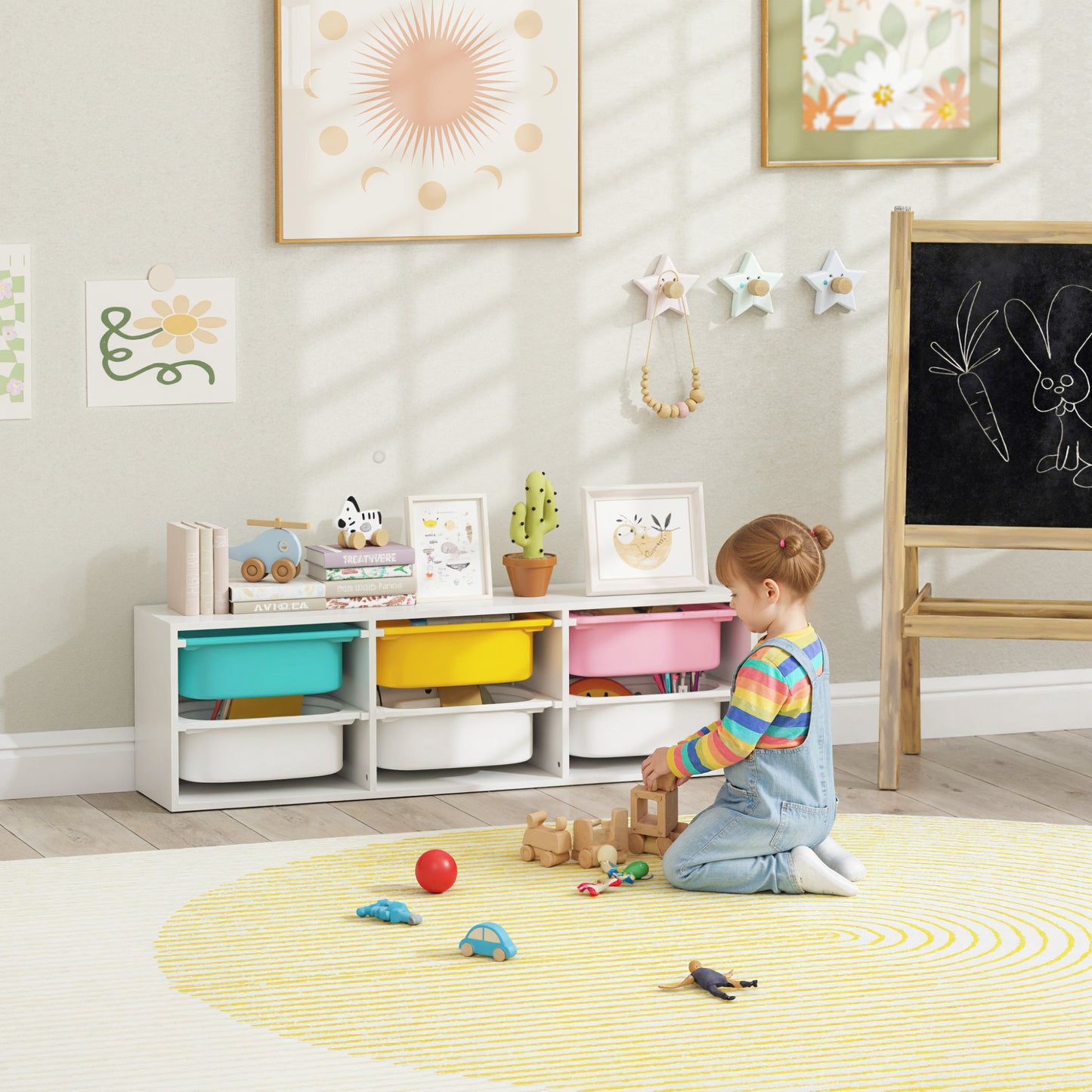 2 Tiers Toy Storage Organiser with 6 Plastic Bins, Low Height