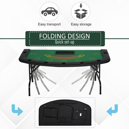 7 Player Poker Table, 182 cm Folding Blackjack Table with Chip Tray, Cup Holders, Padded Rails, Portable Half-shape Card Game Tables with Felt Top and Metal Base, Green