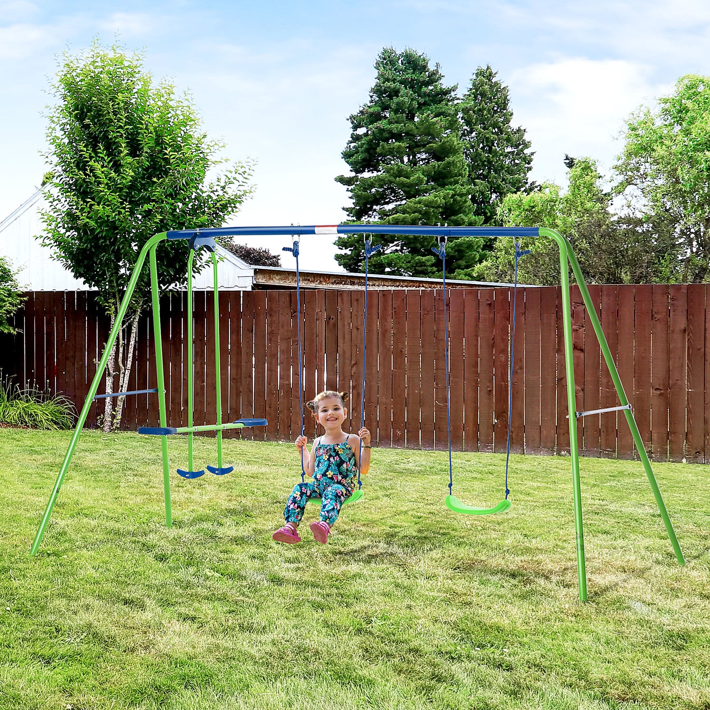 Metal Swings & Seesaw Set Double Seats with a Height Adjustable Children Outdoor Backyard Play Set for Toddlers Over 3 Years Old, Green