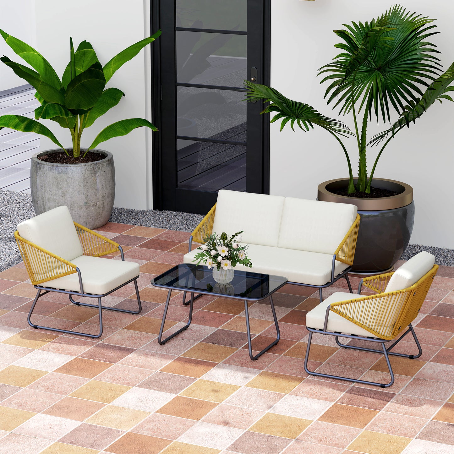 4 Piece Rattan Garden Furniture Set with Cushions, Natural