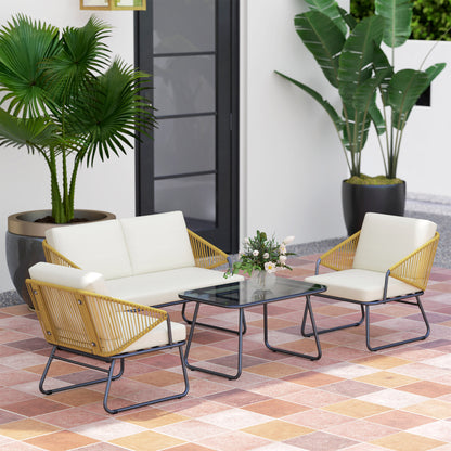 4 Piece Rattan Garden Furniture Set with Cushions, Natural