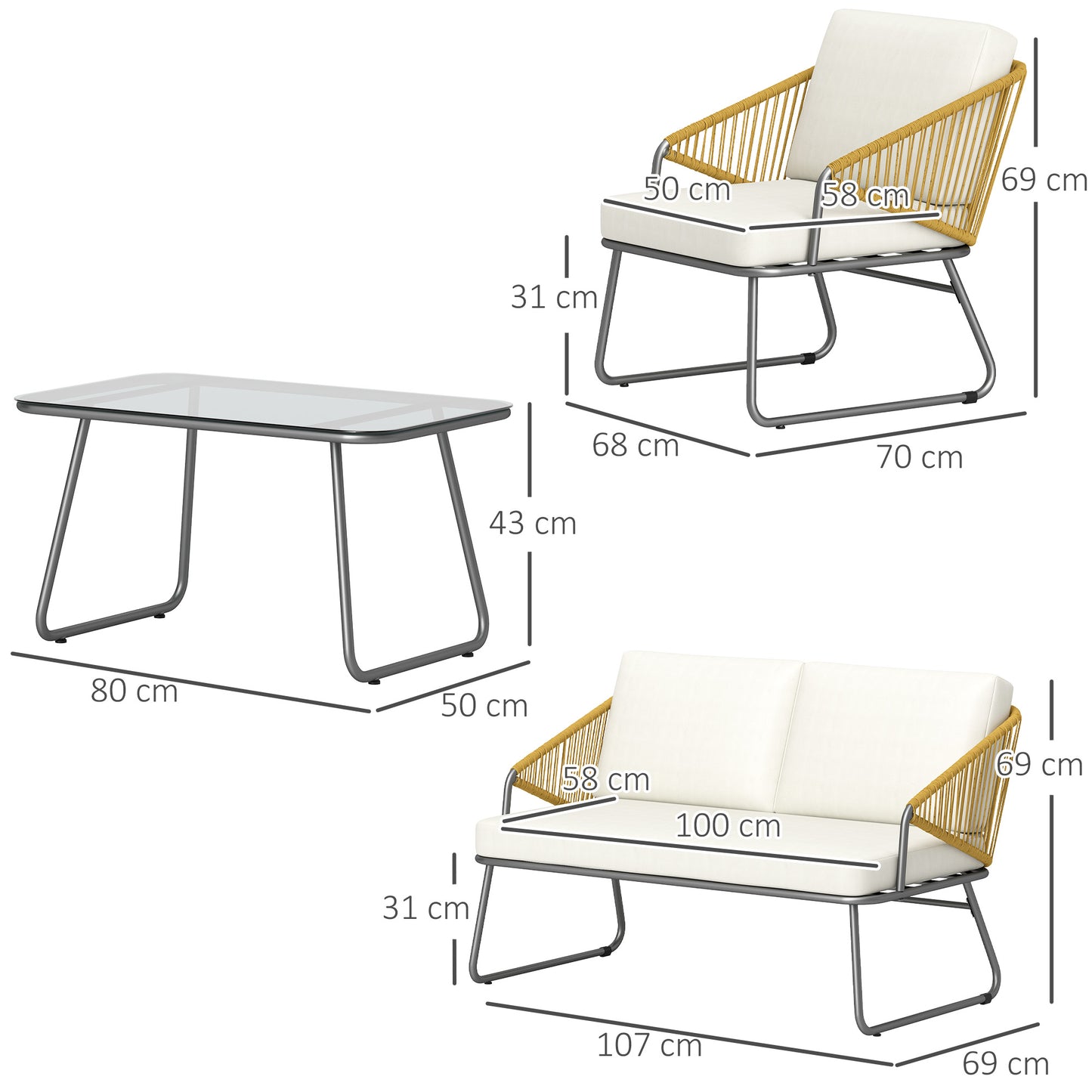 4 Piece Rattan Garden Furniture Set with Cushions, Natural