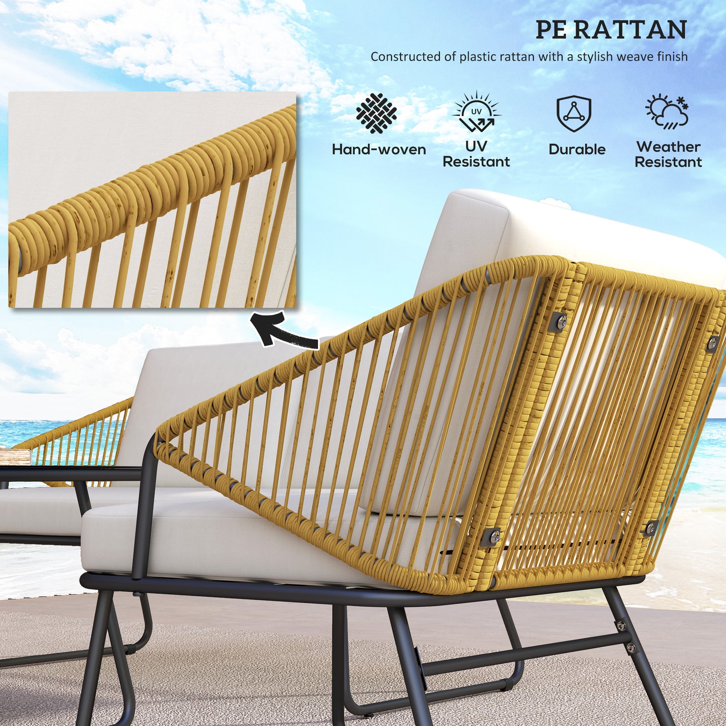 4 Piece Rattan Garden Furniture Set with Cushions, Natural