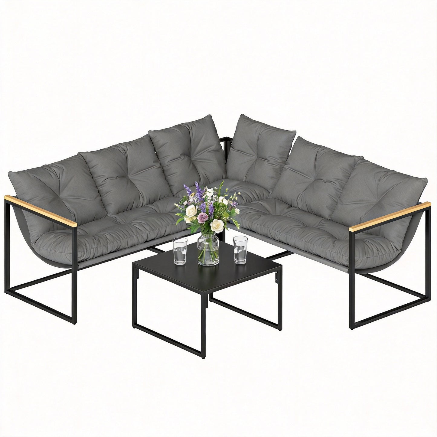 4 Piece Garden Furniture Set with Cushions Coffee Table, Grey