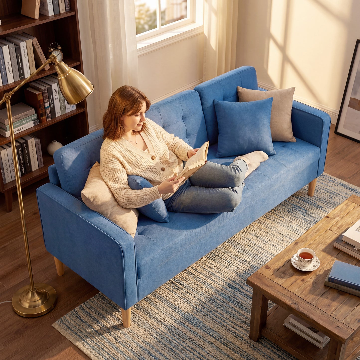 Modern 3 Seater Sofa with Hidden Storage and Rubber Wood Legs, Blue