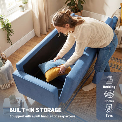 Modern 3 Seater Sofa with Hidden Storage and Rubber Wood Legs, Blue