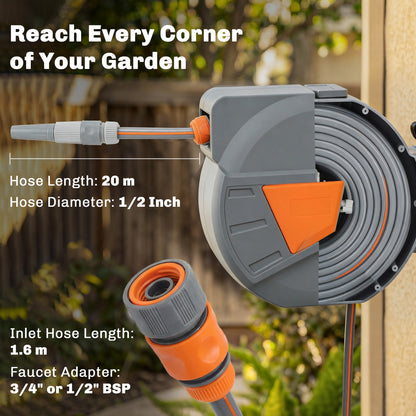 Retractable Hose Reel Wall Mounted, 20+1.6m Hose Pipe Reel, Orange