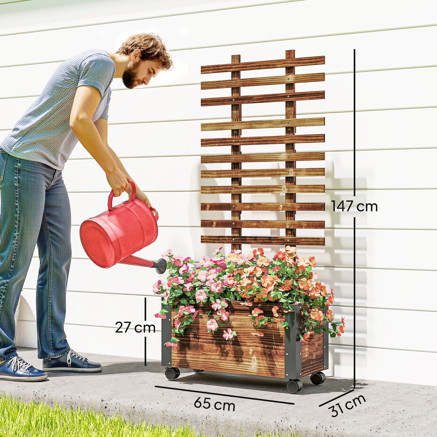 Raised Garden Bed, Wooden Planter with Trellis and Wheels