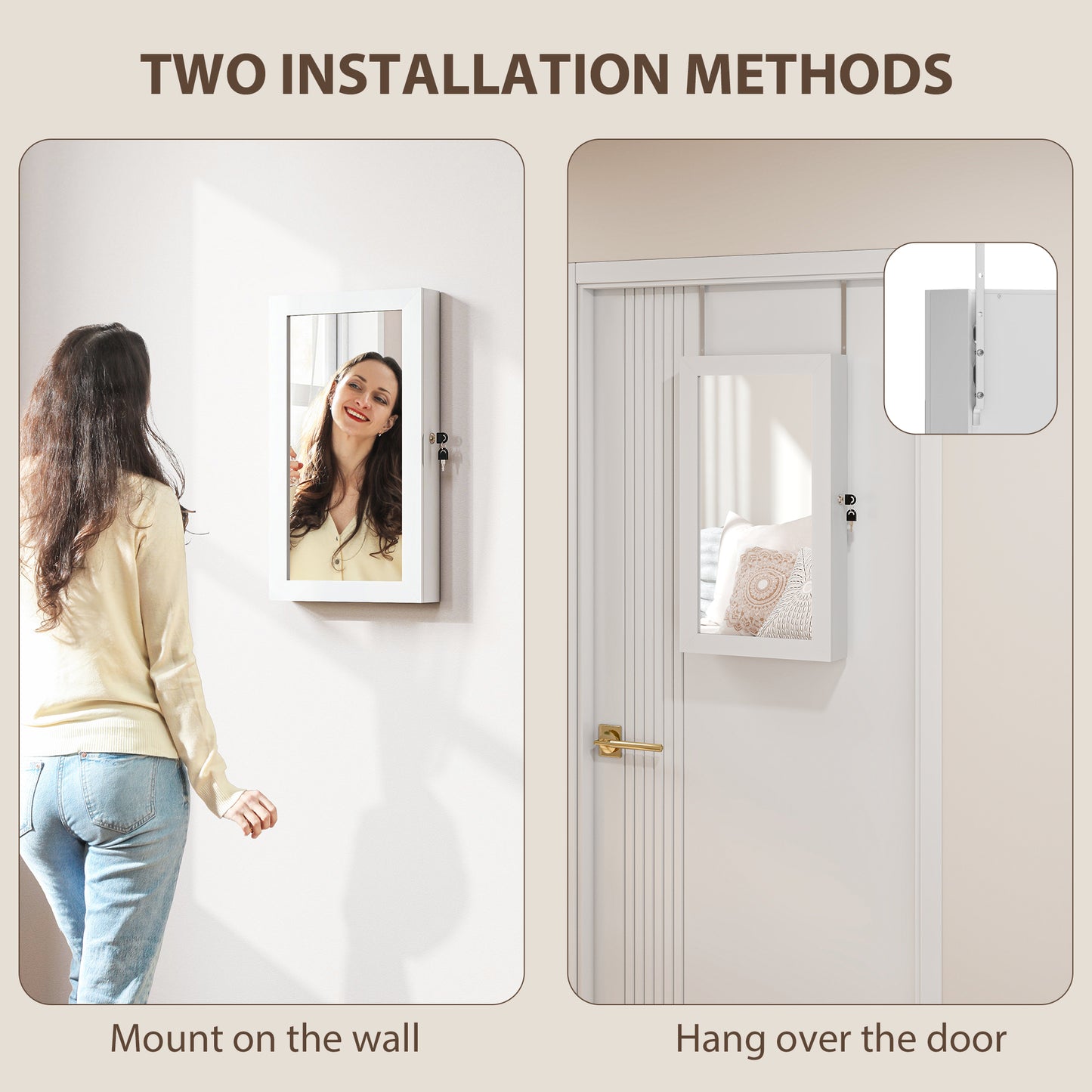 Jewelry Cabinet, Wall-Mounted Jewelry Storage Cabinet with Mirror, White