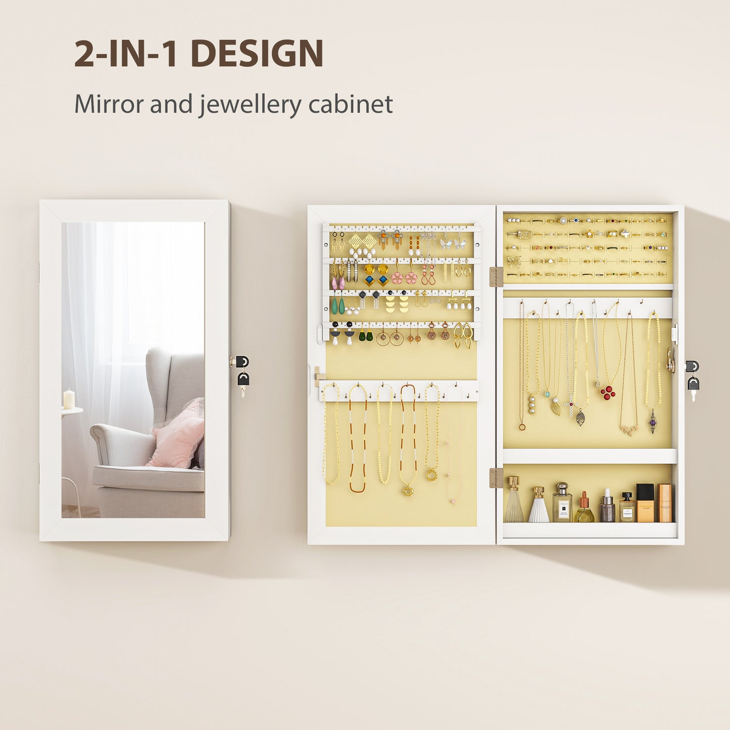 Jewelry Cabinet, Wall-Mounted Jewelry Storage Cabinet with Mirror, White