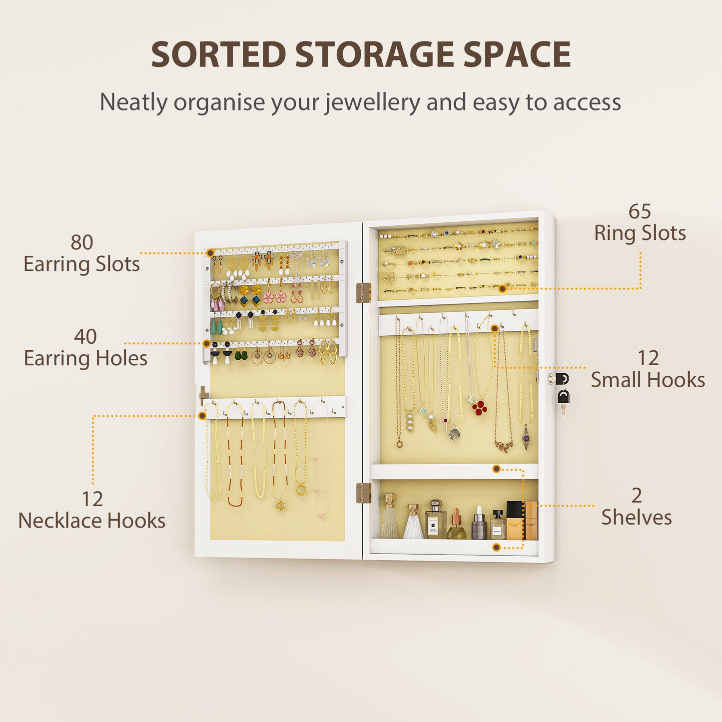 Jewelry Cabinet, Wall-Mounted Jewelry Storage Cabinet with Mirror, White