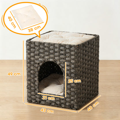 2-Tier Wicker Cat House, Handwoven Rattan Cat Bed with Washable Cushions, Indoor Kitten Condo Hideaway, 43 x 40 x 49 cm, Grey