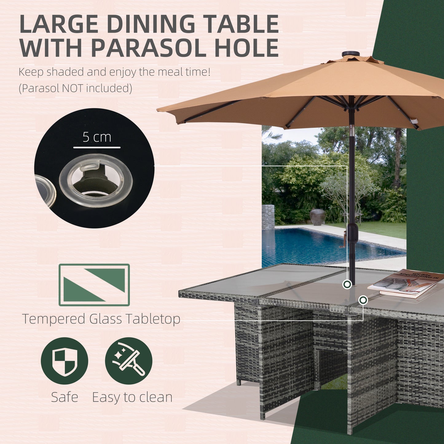 Outdoor 11pc Rattan Garden Furniture Patio Dining Set 10-seater Cube Set Weave Wicker 6 Chairs 4 Footrests & 1 Table Mixed Grey