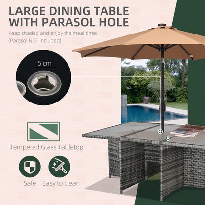Outdoor 11pc Rattan Garden Furniture Patio Dining Set 10-seater Cube Set Weave Wicker 6 Chairs 4 Footrests & 1 Table Mixed Grey