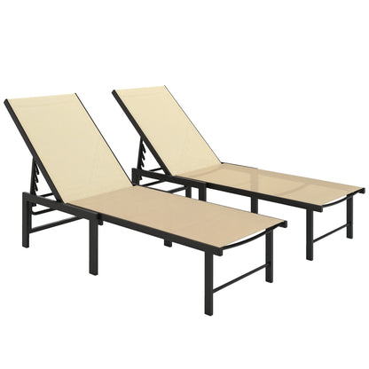 Sun Loungers Set of 2, 5-Level Reclining Sunbeds, Khaki