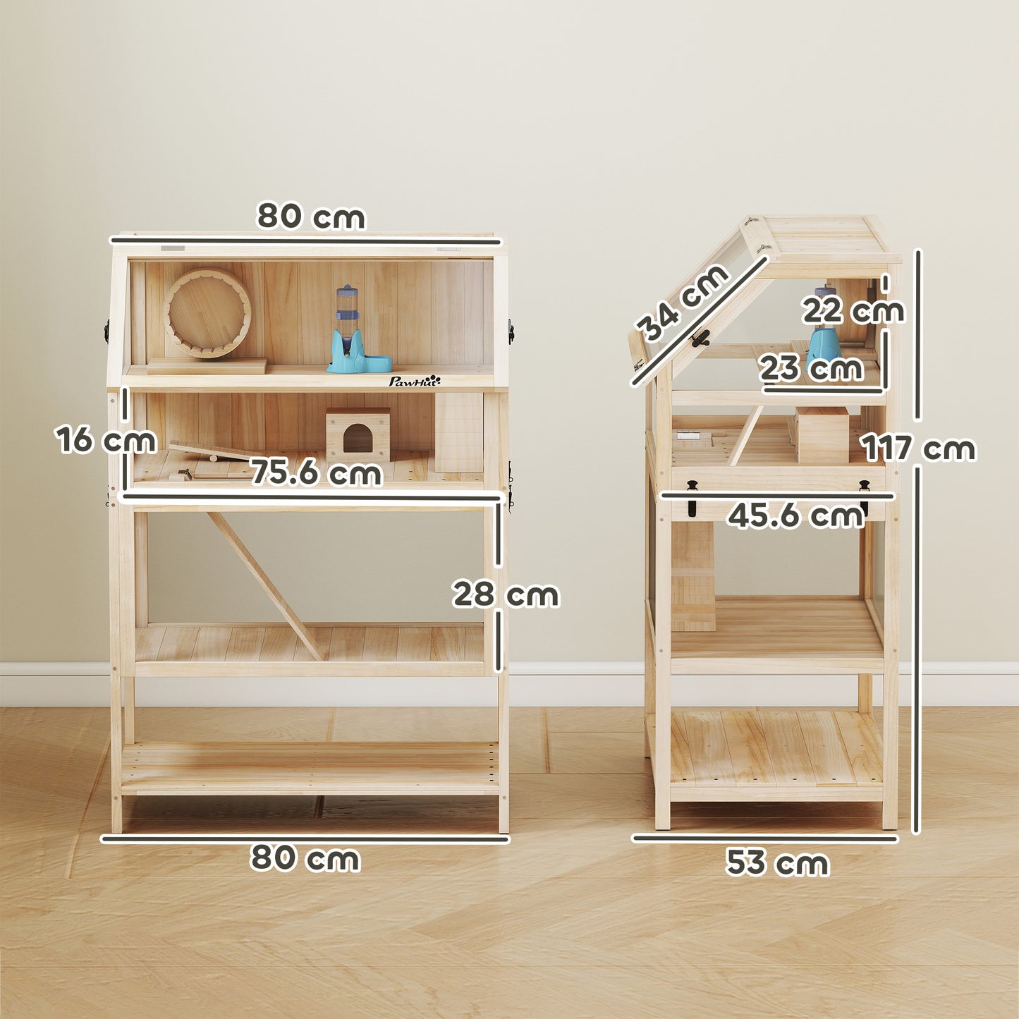 Wooden 3 Tier Hamster Cage with Storage Shelf for Dwarf, Gerbil