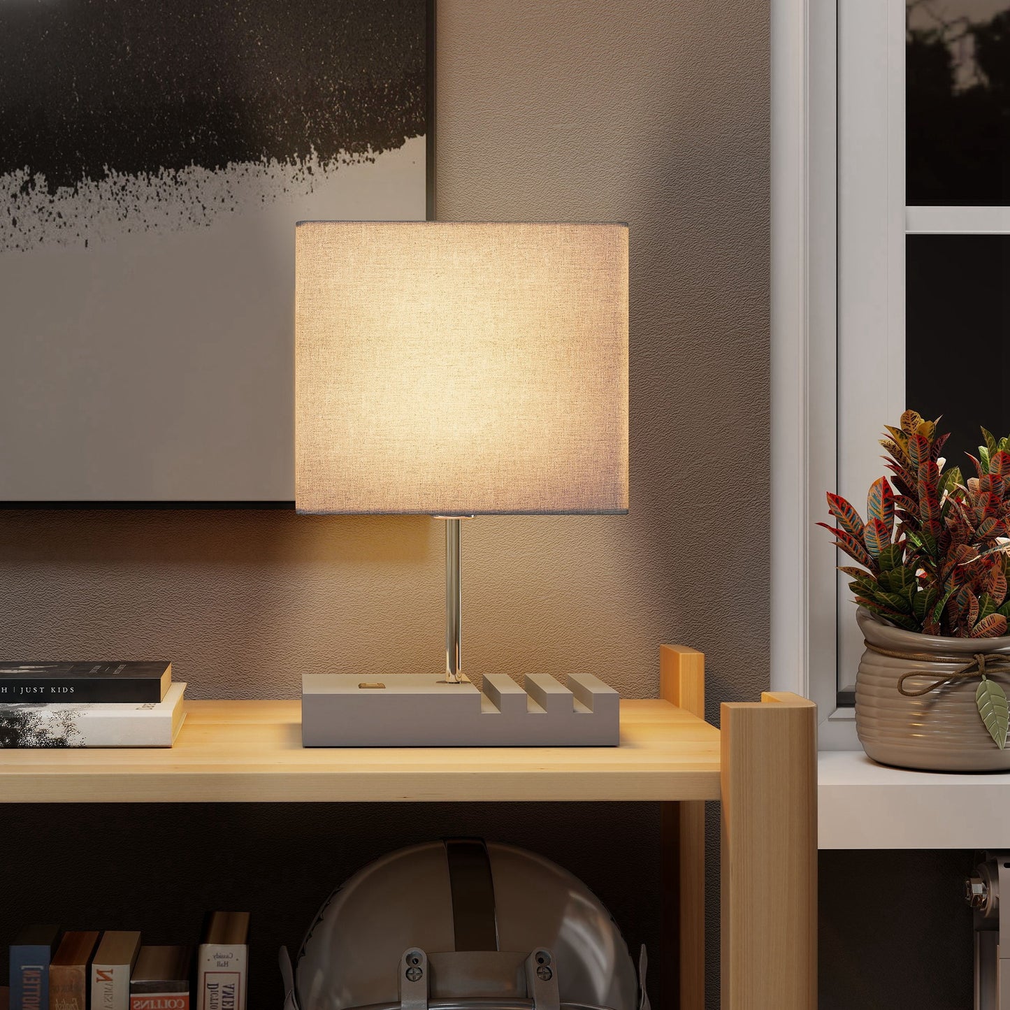 Table Lamp with 3 Slots, Bedside Lamp with Solid Wood Base, Grey