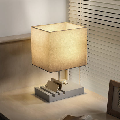 Table Lamp with 3 Slots, Bedside Lamp with Solid Wood Base, Grey