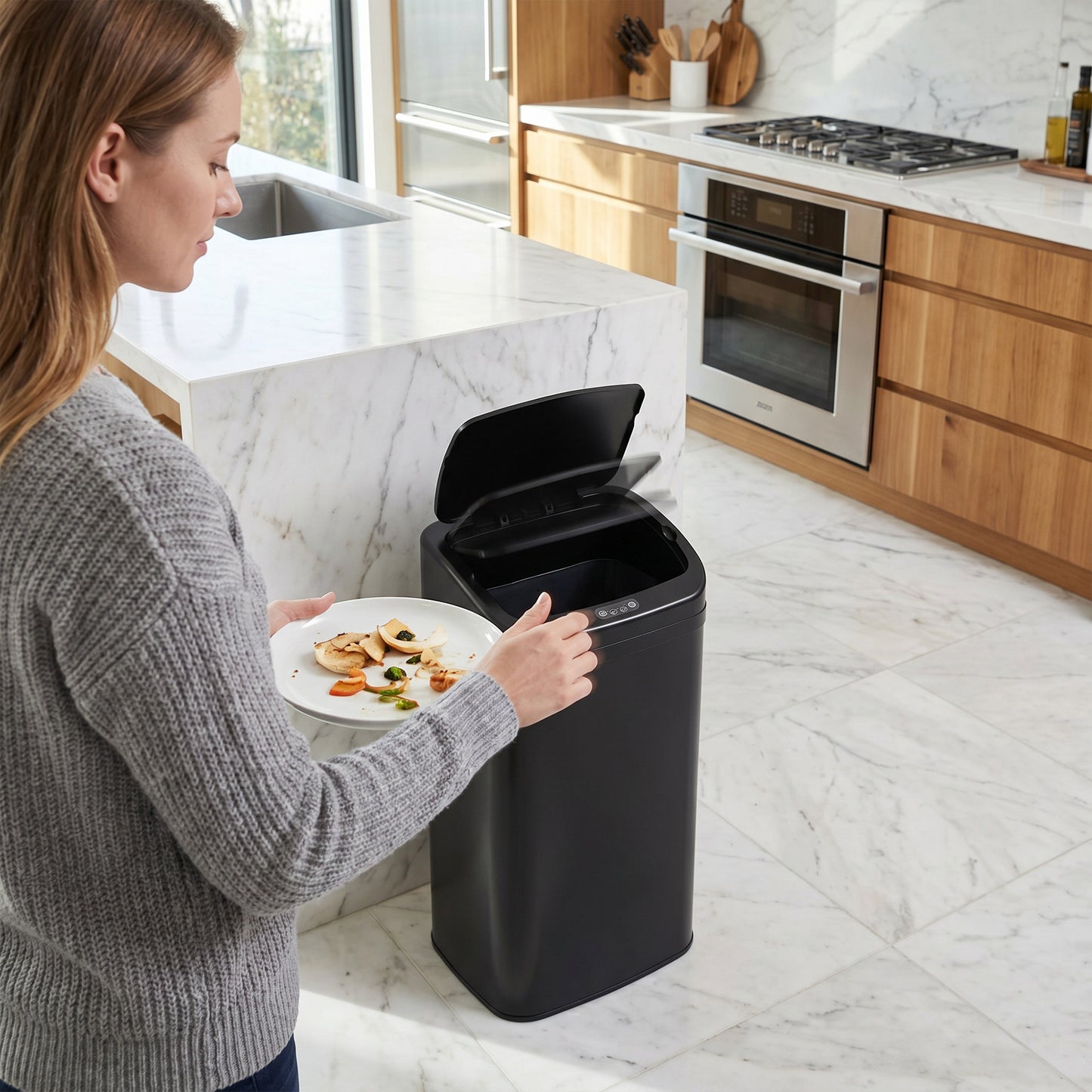 48L Sensor Bin, Stainless Steel Kitchen Bin with Automatic Soft Close Lid and Fingerprint-Proof for Recycling and Waste, Black