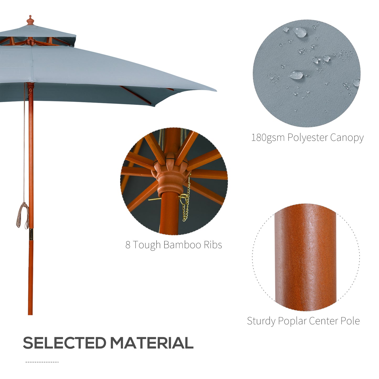 3m Wood Square Patio Umbrella Garden Market Parasol Sunshade Grey