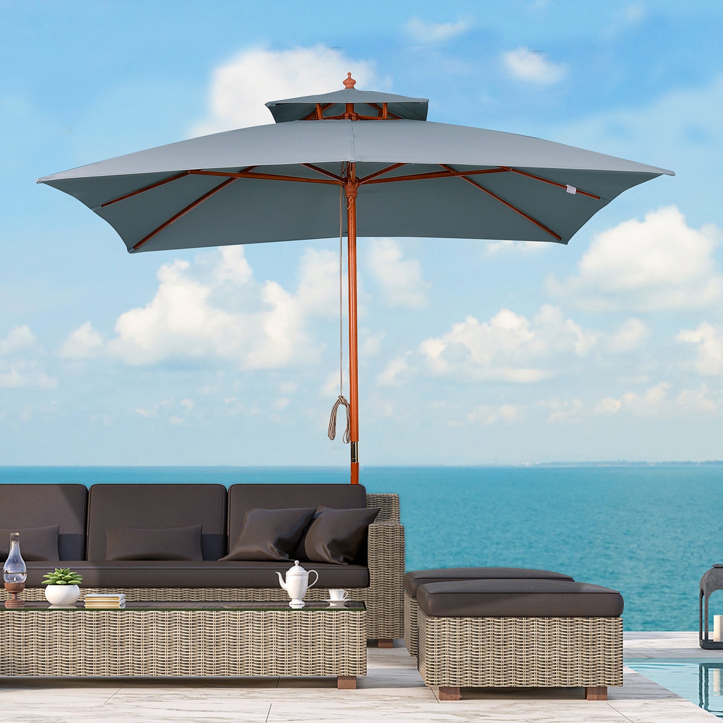 3m Wood Square Patio Umbrella Garden Market Parasol Sunshade Grey