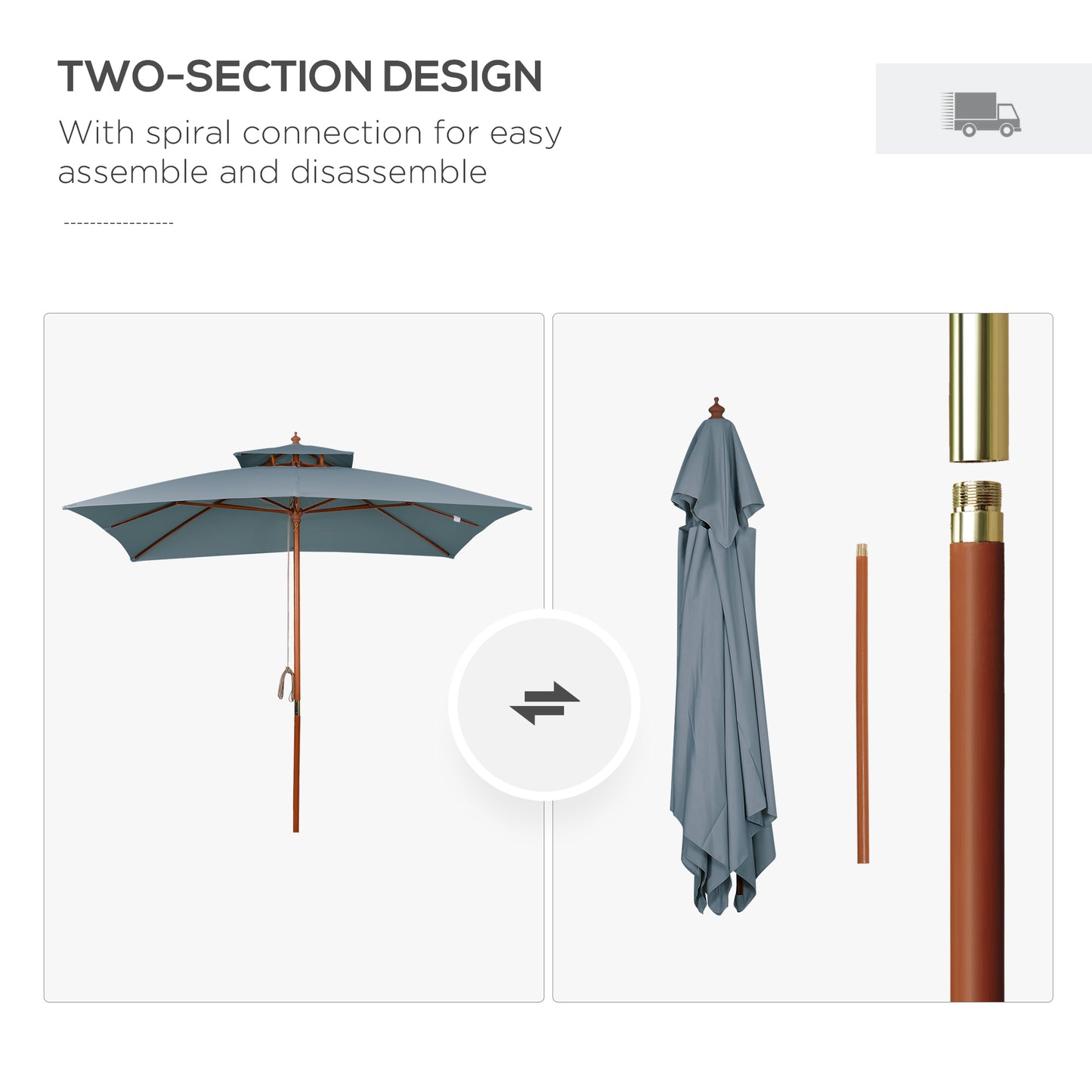 3m Wood Square Patio Umbrella Garden Market Parasol Sunshade Grey