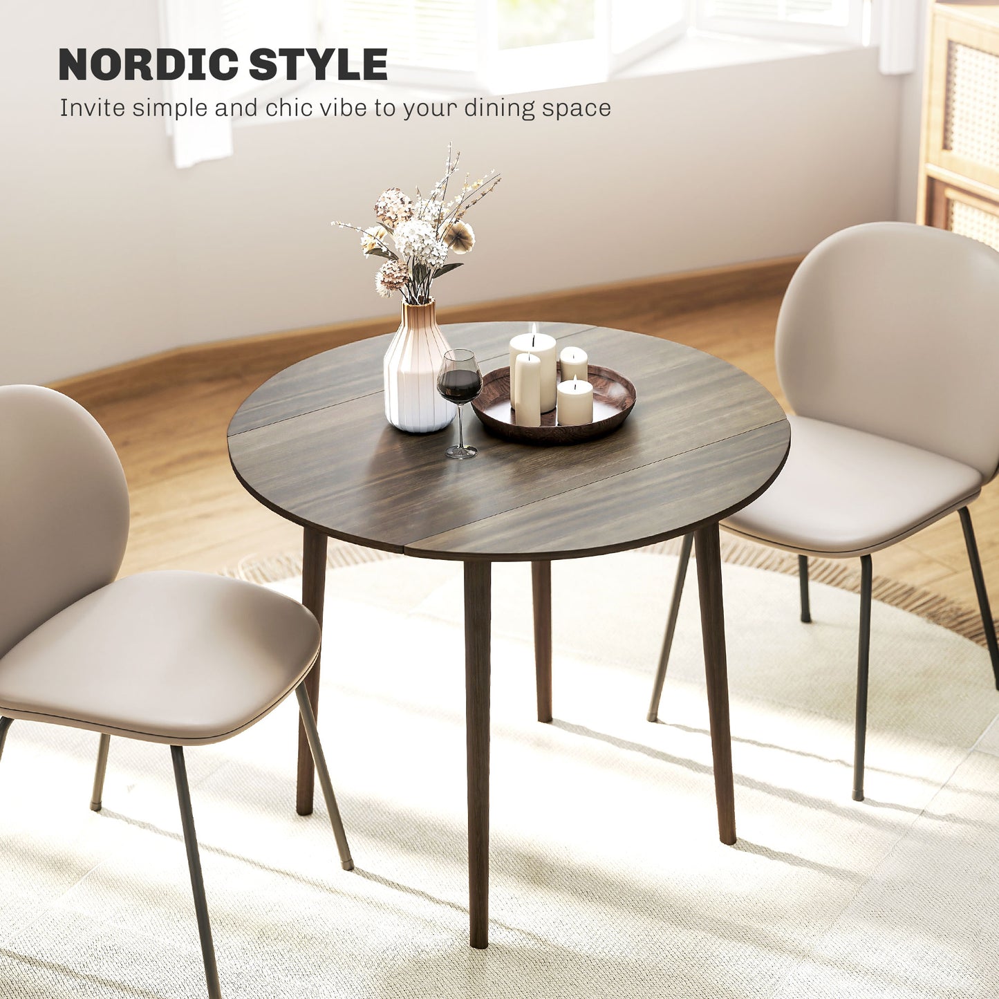 Foldable Dining Table, Round Drop Leaf Table, Wood Legs, Grey