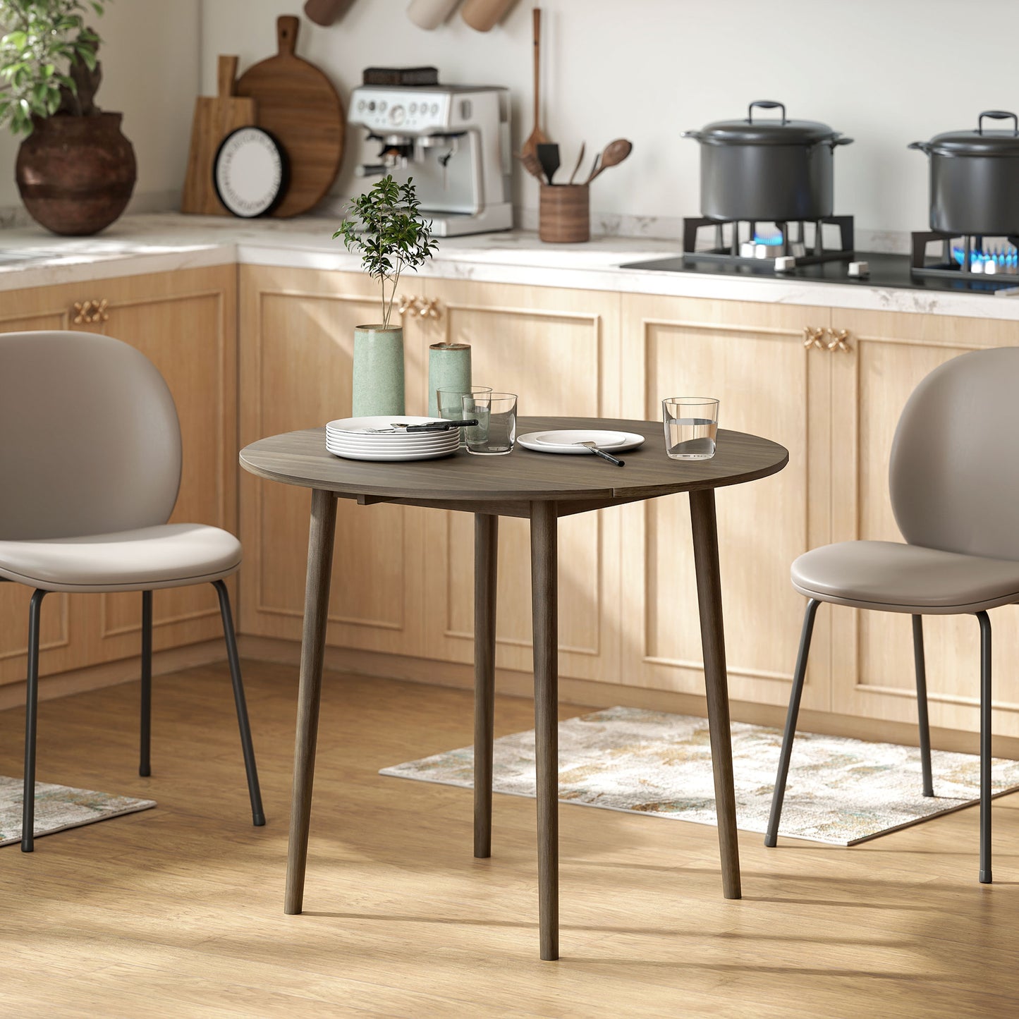 Foldable Dining Table, Round Drop Leaf Table, Wood Legs, Grey