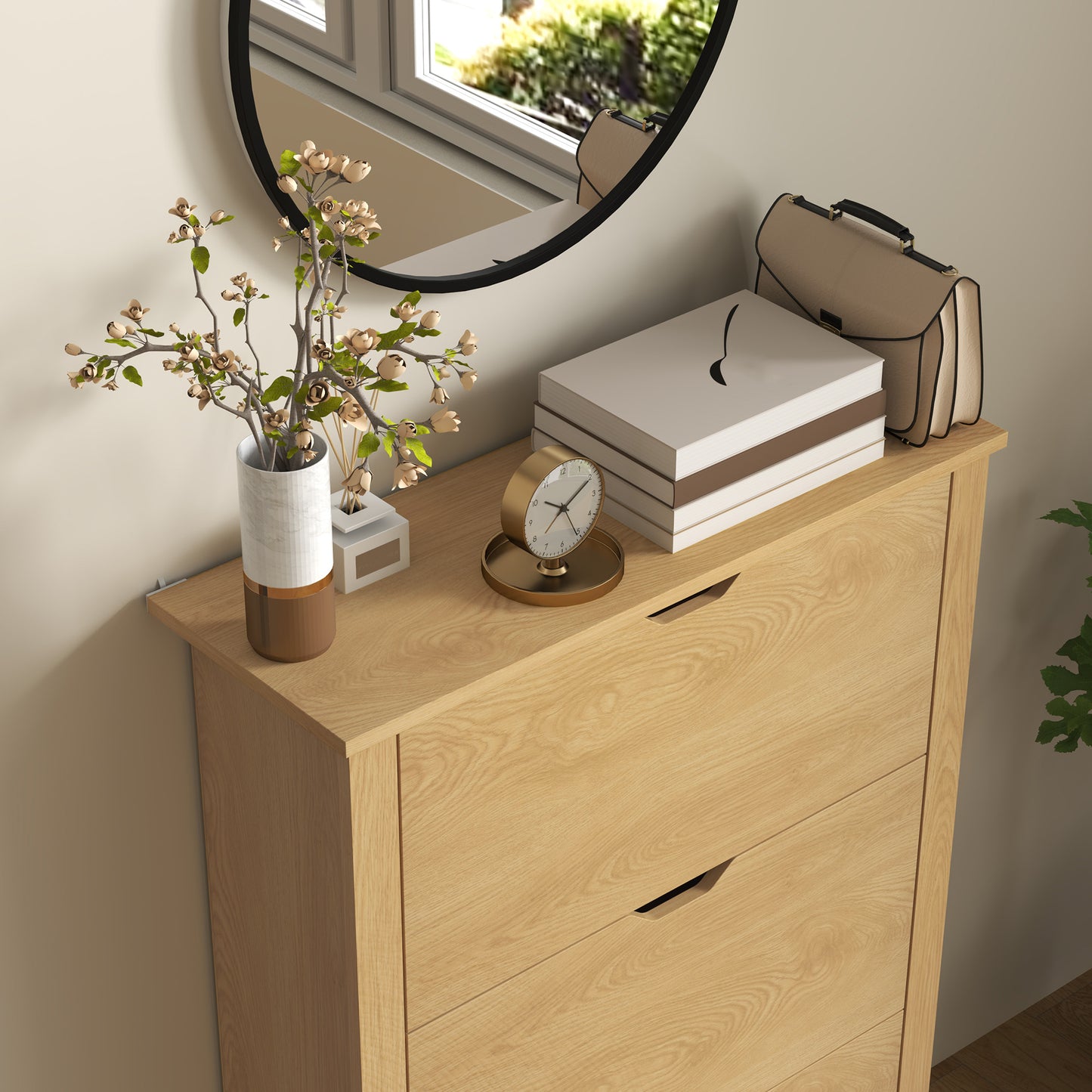 18-Shoe Storage Cabinet 6 Shelves 3 Drawers Natural Wood Finish