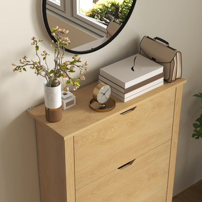 18-Shoe Storage Cabinet 6 Shelves 3 Drawers Natural Wood Finish
