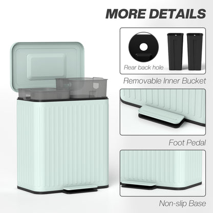 2 x 20L Double Rubbish Bin, Pedal Bin with Soft-Close Lid, Green