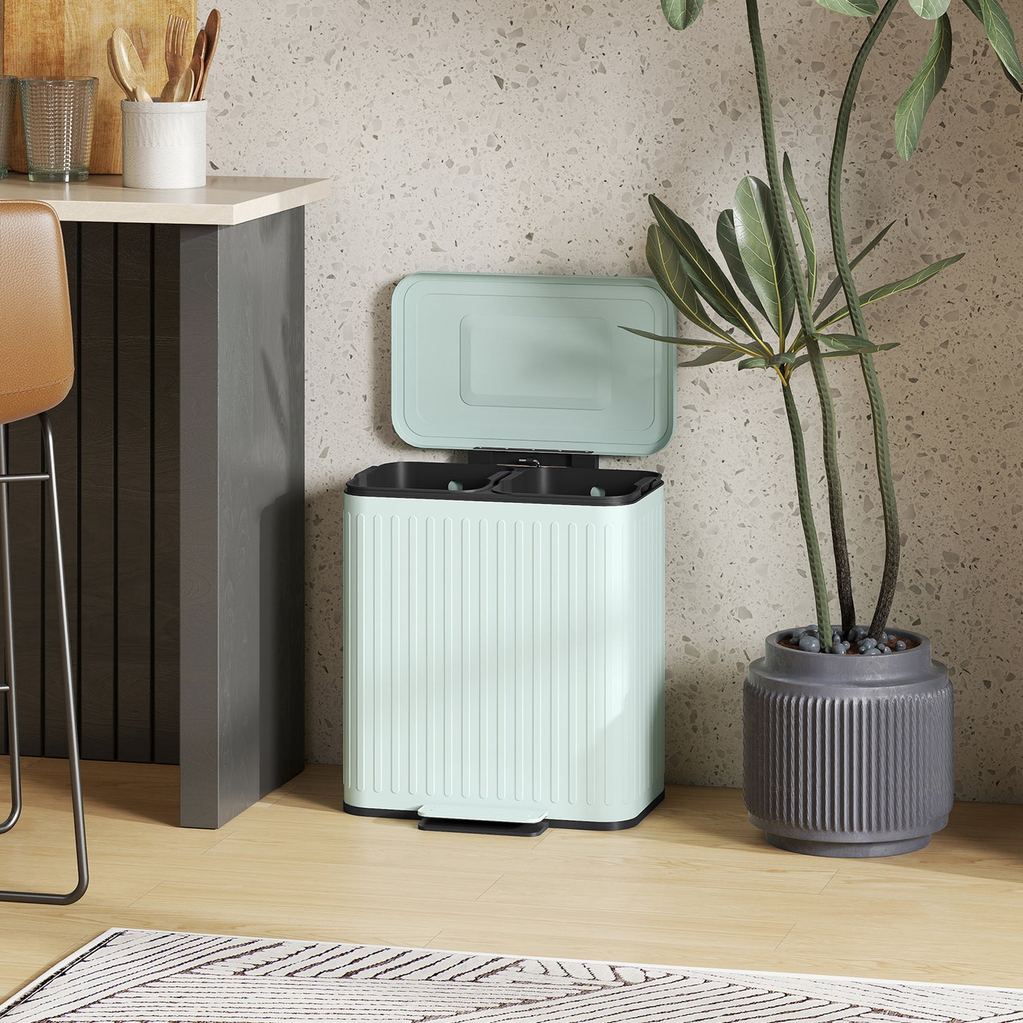 2 x 20L Double Rubbish Bin, Pedal Bin with Soft-Close Lid, Green