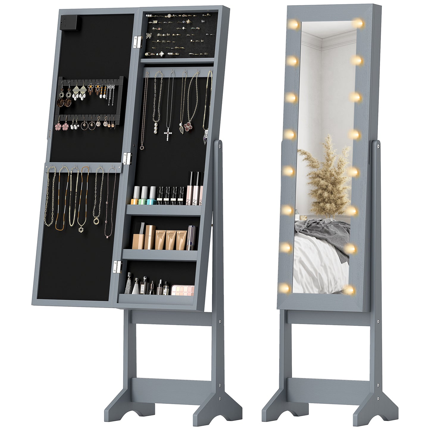 Freestanding LED Mirrored Jewelry Cabinet Grey