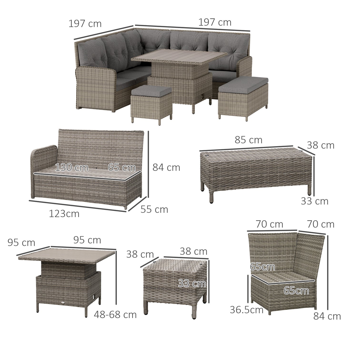 6 PCs Rattan Garden Furniture Sectional Corner Sofa, Light Grey