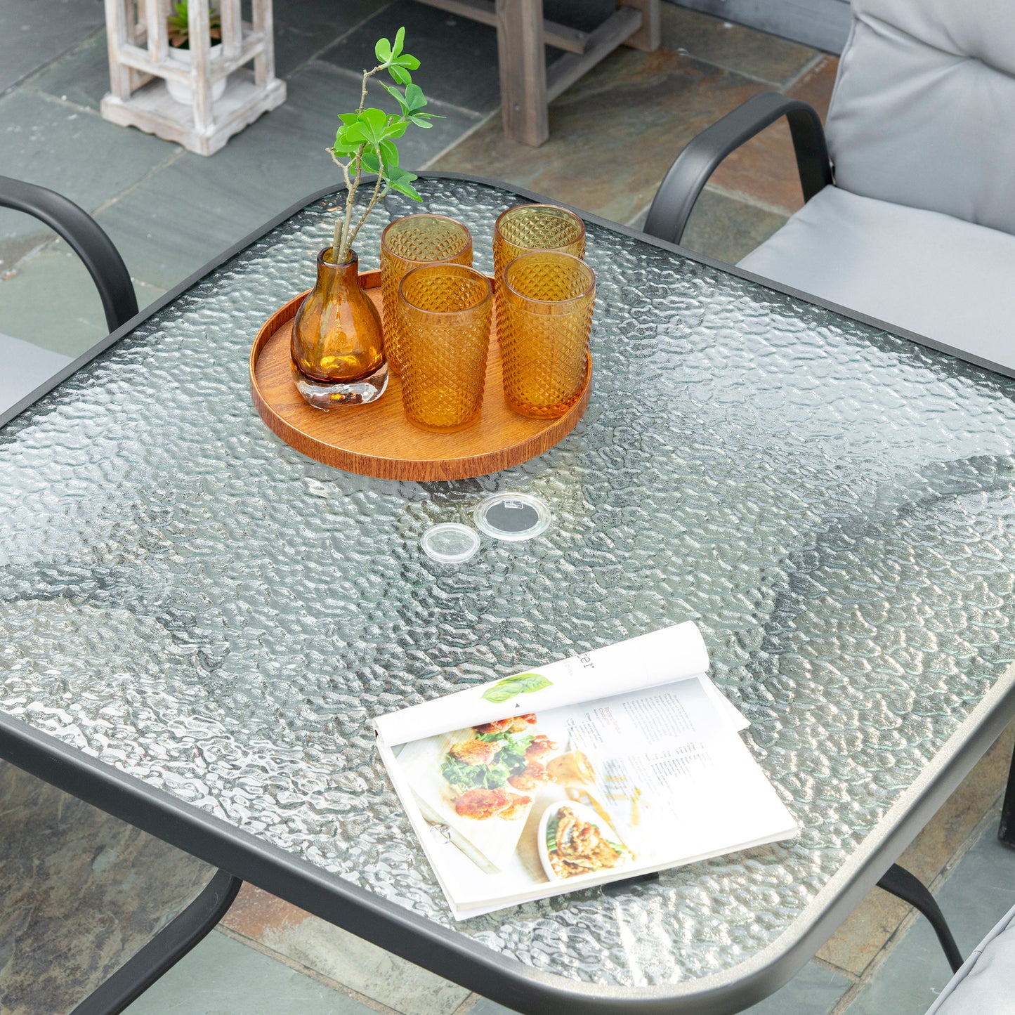 Garden Dining Set, Glass Table w/ Umbrella Hole Grey